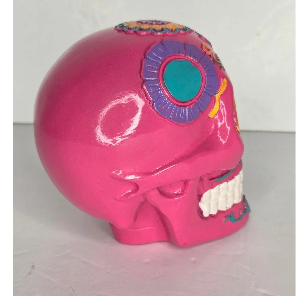 Pink Dia De Los Muertos Sugar Skull Figurine Floral Day of the Dead Decor
